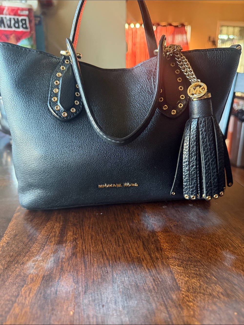 Michael Kors Black Pebbled Leather Tote with Gold Hardware and Tassel